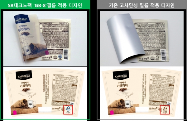 SR테크노팩이 개발한 산소차단 필름 기술은 용액 형태로 만들어져 기재필름(PP, PE, Ny 등)에 도포하는 것 만으로도 뛰어난 산소차단 효과를 얻을 수 있다. 사진은 GB-8을 개발한 필름(왼쪽)과 기존 알루미늄박을 이용한 고차단성 필름 제품. 사진제공 = SR테크노팩