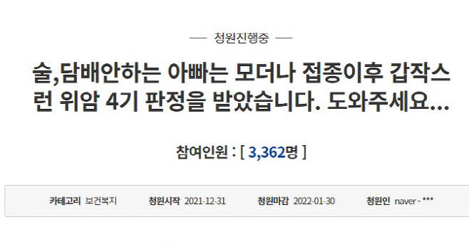 지난달 31일 청와대 국민청원 게시판에 올라온 글에서 청원인은 자신의 부친이 모더나 백신을 접종받은 뒤 위암 판정을 받았다고 주장했다. / 사진=국민청원 게시판 캡처