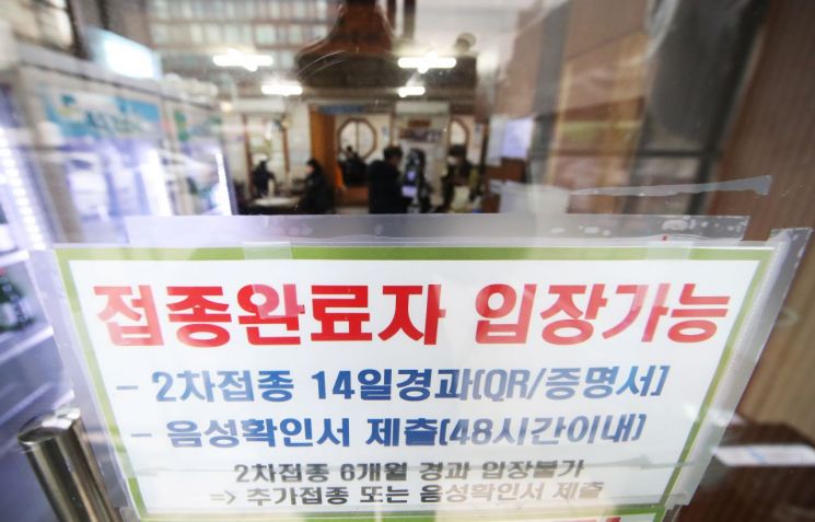 지난 3일 경기도 수원시의 한 식당에 방역패스 안내문이 붙어 있다. / 사진=연합뉴스