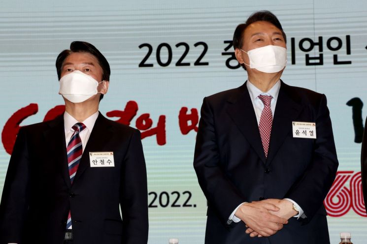 윤석열 국민의힘 대선 후보(오른쪽)와 안철수 국민의당 대선 후보가 5일 서울 여의도 중소기업중앙회관에서 열린 2022 중소기업인 신년 인사회에 참석해 있다. [이미지출처=연합뉴스]