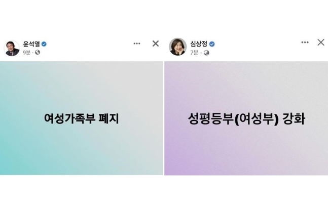 제20대 대통령 선거를 앞두고 윤석열 국민의힘 대선 후보가 '여성가족부 폐지'를 내걸자 심상정 정의당 대선 후보는 '여성가족부 강화'로 맞붙었다. [사진=페이스북 캡처]