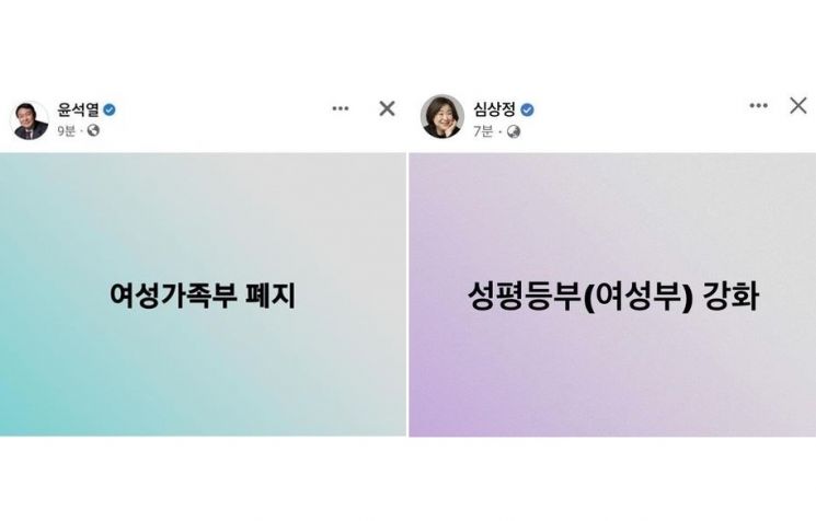 윤 후보가 "여성가족부 폐지"라는 '한줄 공약'을 내놓자 심상정 정의당 대선 후보는 "성평등부 강화"라는 똑같은 한줄 공약으로 응수했다. / 사진=페이스북 캡처
