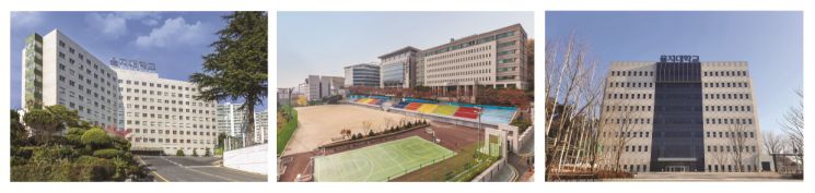 을지대학교 대전캠퍼스(왼쪽), 성남캠퍼스(중간), 의정부캠퍼스 전경