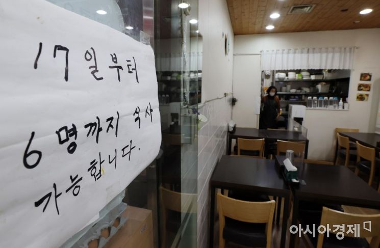 정부가 거리두기 조정안을 발표한 14일 서울 시내 한 음식점에 붙은 인원 제한 안내문./김현민 기자 kimhyun81@