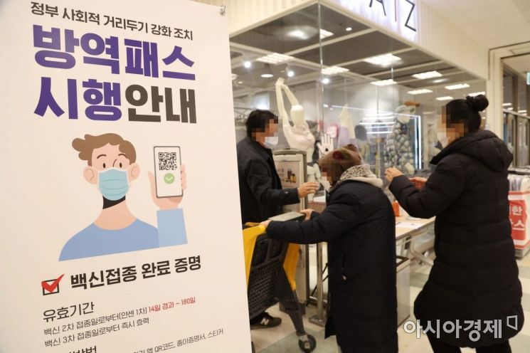 서울 시내 한 대형마트에서 시민들이 입장을 위해 방역패스 유효 상태를 확인하고 있다. /사진=아시아경제