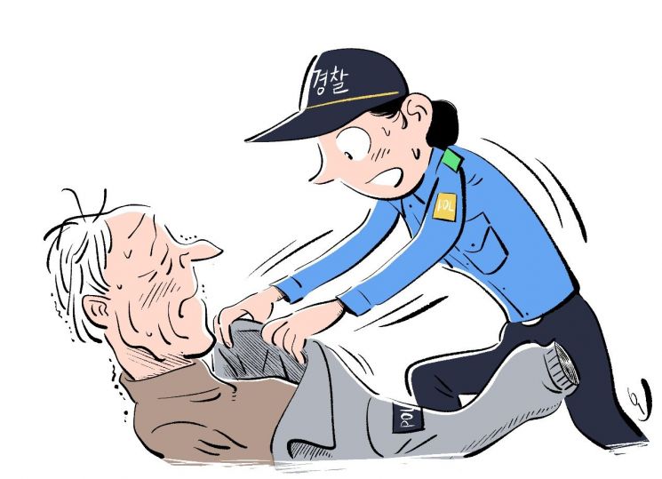 쓰러진 노인에게 겉옷을 벗어준  여성 경찰관 일러스트. 당시 상황이 담긴 사진은 페이스북 '부산경찰'에 한 여경의 미담으로 공유됐으나, 일각에서 의도된 연출 아니냐는 비판 여론이 일었고 현재는 삭제됐다.