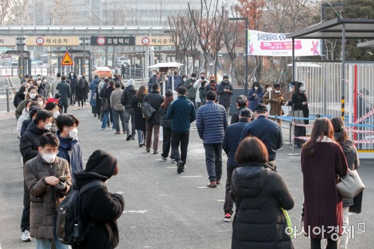 코로나19 신규 확진자가 13,012명 발생하여 하루만에 4400명명이 폭증한 26일 서울 서초구 고속버스터미널역 인근에 마련된 임시선별검사소를 찾은 시민들이 검사를 받기 위해 줄을 서고 있다./강진형 기자aymsdream@