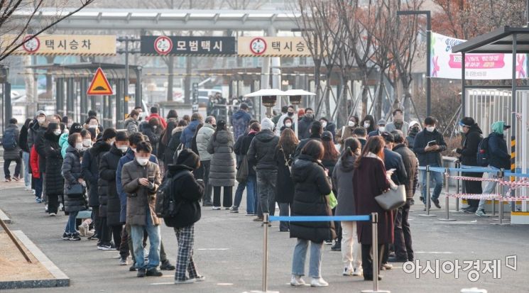 코로나19 신규 확진자가 13,012명 발생하며 하루만에 4400명이 폭증한 26일 서울 서초구 고속버스터미널역 인근에 마련된 임시선별검사소를 찾은 시민들이 검사를 받기 위해 줄을 서고 있다./강진형 기자aymsdream@