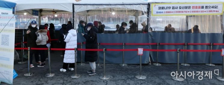 코로나19 신규 확진자가 1만7천532명으로 엿새째 역대 최다를 기록한 30일 서울역 임시 선별검사소를 찾은 시민들이 검사를 위해 대기하고 있다./김현민 기자 kimhyun81@