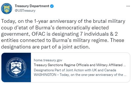미 재무부, '쿠데타 1년' 미얀마군부 핵심인사 7명·단체 2곳 제재