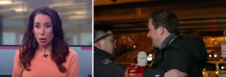 4일 개막한 2022 베이징 동계올림픽 개회식 현장에서 생중계하던 외신기자를 중국 보안요원이 갑자기 난입해 끌어내고 있다. [사진=네덜란드 공영 방송사 NOS 유튜브 캡처]