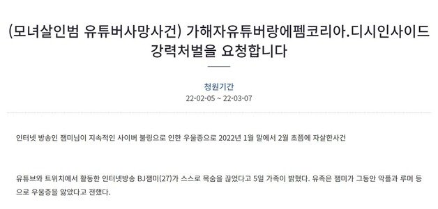 지속적으로 악플 및 악의적인 루머 등을 퍼뜨린 누리꾼들에 대한 강력 처벌을 촉구하는 청원글이 올라왔다. / 사진=청와대 국민청원 게시판 캡처