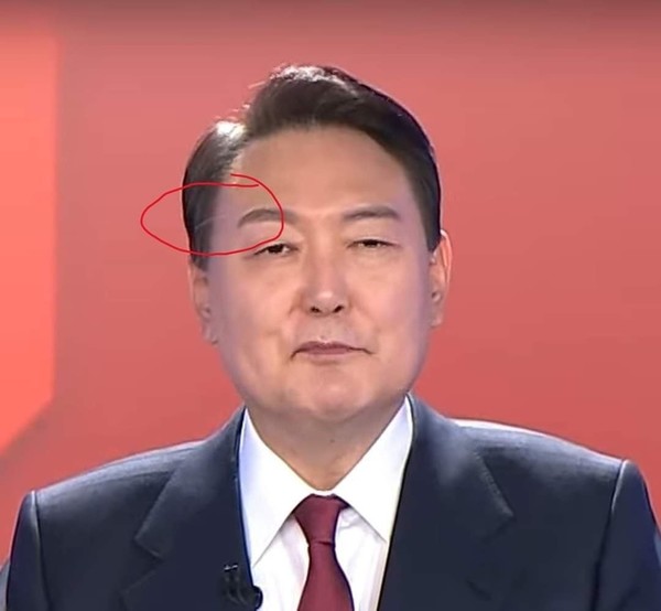 지난 11일 2차 대선 토론 당시 윤석열 국민의힘 후보 오른쪽 눈썹위에 희고 긴 눈썹 한 가닥이 나있다. /사진=대선후보 TV토론 유튜브 화면 캡처