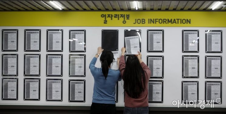 서울서부고용지원센터에서 직원들이 일자리 정보 게시판에 구인정보를 교체하고 있다./김현민 기자 kimhyun81@