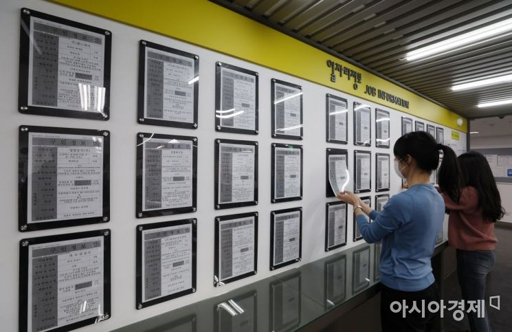 지난 1월 취업자가 전년 대비 113만명 넘게 증가했다. 이 같은 증가폭은 22년 만에 최대치다. 하지만 1년 전 코로나19 사태로 인해 취업자 수가 100만명 가까이 감소한 영향이 크다는 평가가 나온다. 특히 연령대 별로 살펴봐도 1년 전 27만명 넘게 줄었던 30대 취업자 수는 지난 1월 2만여명 증가하는 데 그쳤다. 사진은 이날 서울서부고용지원센터에서 직원들이 일자리 정보 게시판에 구인정보를 교체하는 모습./김현민 기자 kimhyun81@
