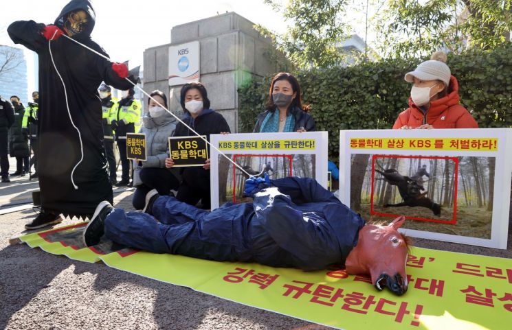 지난 1월21일 한국동물보호연합 등 동물보호단체가 여의도 KBS 본관 앞에서 '태종 이방원' 드라마 동물학대 규탄 기자회견을 했다. 참가자가 말 분장을 하고 사고 모습을 재연하고 있다. [이미지출처=연합뉴스]