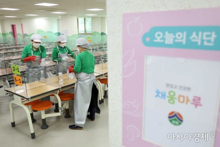 22일 개학을 앞둔 서울 마포구 성원초등학교 급식실에서 관계자들이 비말 차단 가림막을 닦고 있다. /문호남 기자 munonam@