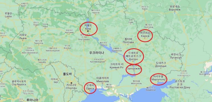 우크라이나 내 폭발음이 보고된 지역들[출처=구글맵, CNN]