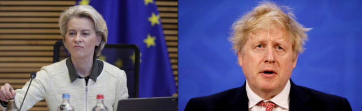우르줄라 폰데어라이엔 EU 집행위원장(왼쪽)과 보리스 존슨 영국 총리 [이미지출처=EPA·로이터연합뉴스]