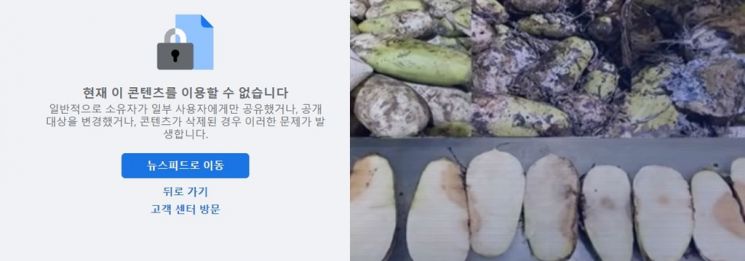 24일 기준 접속 불가능한 '한성식품' 페이스북 등 사회관계망서비스(SNS) 계정(왼쪽)과 한성식품의 한 자회사에서 사용한 것으로 알려져 논란이 불거진 불량 재료들. / 사진=페이스북, MBC 방송 캡처