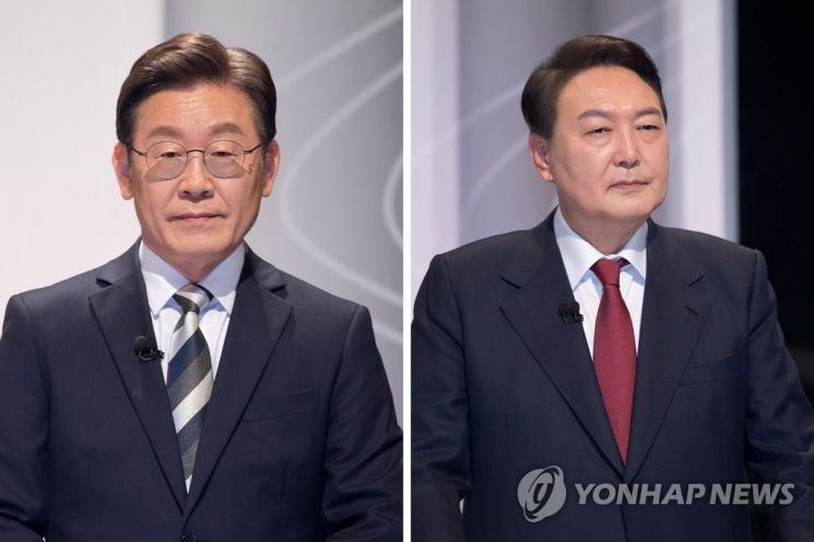 지난 25일 대선 후보 방송토론회에 참석한 이재명 더불어민주당 대선후보(왼쪽), 국민의힘 윤석열 대선후보. / 사진=연합뉴스