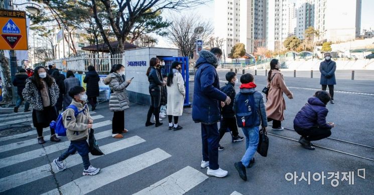 코로나19 오미크론 변이 확산세가 이어지는 가운데 초·중·고교가 개학한 2일 서울 용산구 금양초등학교에서 어린이들이 등굣길에 오르고 있다./강진형 기자aymsdream@