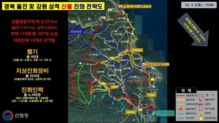 경북 울진과 강원 삼척 등지에 산불이 건조한 날씨와 강풍으로 확산돼 산림당국이 주불 진화에 어려움을 겪고 있다. 산림당국은 5일 일몰과 함께 야간 진화 체제로 전환, 산불진화를 위한 지상 장비와 인력을 중심으로 밤사이 산불이 확산되는 것을 저지하는 데 총력을 기울인다는 방침이다. 산림청 제공