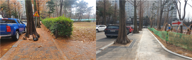 왼쪽 도로변 보행환경 개선(전) 오른쪽 도로변 보행환경 개선(후) 사진=광주 서구 제공