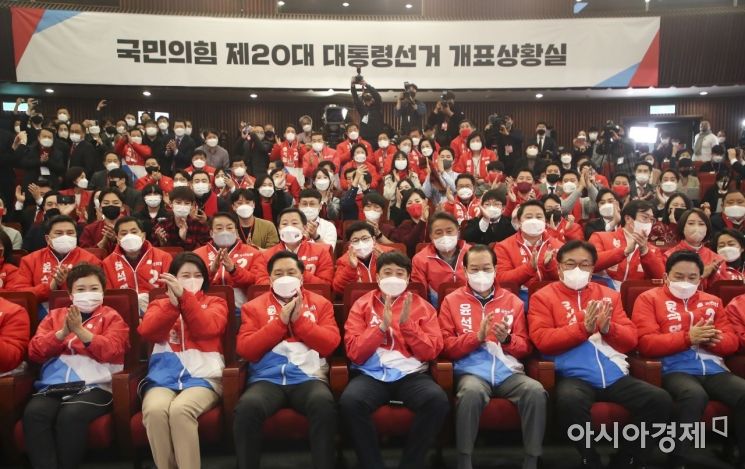 국민의힘 당지도부가 9일 국회 도서관에 마련된 개표 상활실에서 윤석열 후보가 박빙 승리의 방송3사 출구조사 결과가 나오자 환호하고 있다./윤동주 기자 doso7@