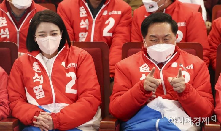 국민의힘 당지도부가 9일 국회 도서관에 마련된 개표 상활실에서 윤석열 후보가 박빙 승리의 방송3사 출구조사 결과가 나오자 환호하고 있다./윤동주 기자 doso7@