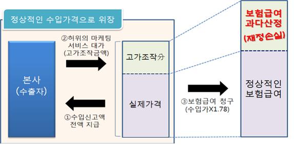 A사와 B사로 인한 보험재정 손실 개요도. 관세청 제공