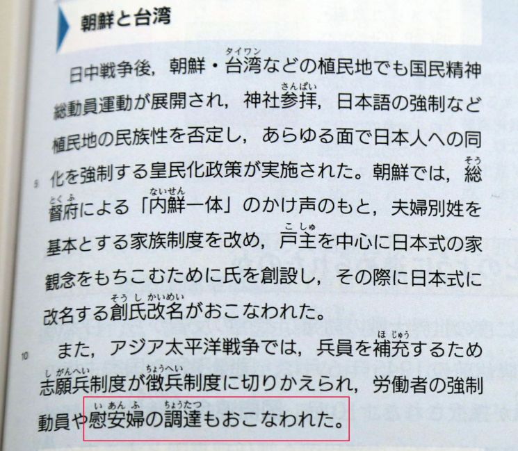 시미즈서원이 일본 문부과학성에 제출한 고교 일본사탐구 교과서에 "위안부의 조달도 실시됐다"(붉은 사각형)는 설명이 실려 있다. 일본어에서 조달은 '필요한 금품 등을 모두 갖추는 것, 혹은 모두 갖춰 보내는 것'이라는 의미로 통상 사물에 대해 쓰이는 표현이다. [이미지출처=연합뉴스]