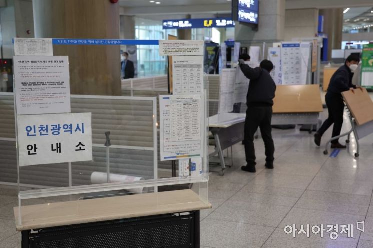 1일 인천국제공항 제1여객터미널 입국장에서 관계자들이 코로나19 방역 관련 시설물을 철거하고 있다. 인천국제공항공사는 정부의 해외 입국 여행객의 방역교통망 이용 완화 등 방역지침 전환에 따라 인천공항 입국장 운영체계를 ‘코로나 이전’ 수준으로 전환했다. 지방자치단체 방역 안내소와 해외 입국 여행객 전용 대기·분리 장소, 코로나 안내 사이니지 등 시설물을 철거했다. /문호남 기자 munonam@