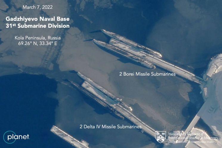 지난 3월7일 미국의 민간위성업체 플래닛랩스의 위성이 촬용한 러시아 가지예보 지역에 위치한 북해 함대 잠수함 기지. 사진출처=플래닛 랩스.