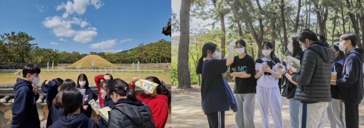 김해외고 학생들이 김수로왕릉(왼쪽)과 구지봉에서 또래학예사 활동을 펼치고 있다.