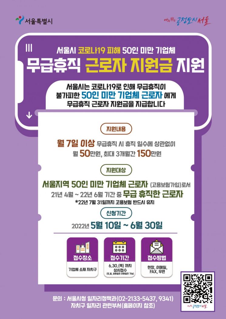 서울시, 50인 미만 기업체 근로자 1만명에 '무급휴직 지원금' 최대 150만원 …10일 접수