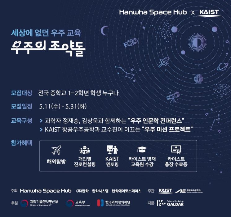 한화 스페이스 허브와 카이스트가 함께 진행하는 우주 영재 육성 프로젝트인 '우주의 조약돌' 모집대상·일정·교육 내용·혜택.(사진제공=한화)