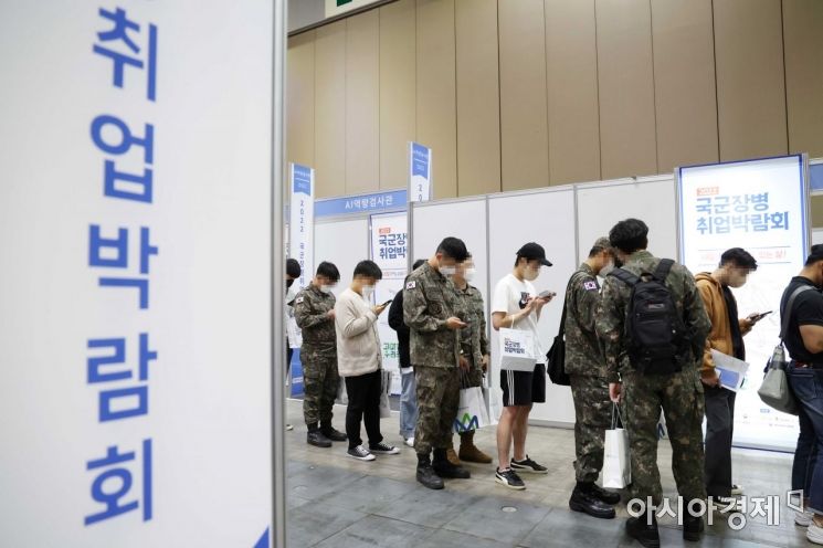 코로나19로 열리지 못했던 장병 대상 오프라인 취업박람회가 3년 만에 열렸다. 11일 경기 고양 킨텍스 5홀에서 열린 ‘2022년 전반기 제1차 국군장병 취업박람회’에서 군인들이 일자리를 찾고 있다. 이번 행사에는 채용 면접과 상담을 위한 120여 개 기업 부스와 채용설명회·명사 특강 등이 준비됐다. 국방부는 이번 1차 박람회를 비롯해 6월과 9월까지 올해 모두 3차례의 취업박람회를 개최할 계획이다. /문호남 기자 munonam@