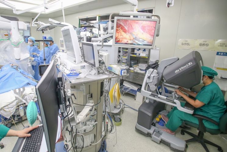 서울아산병원 내분비외과 성태연 교수(오른쪽 아래)가 쿠싱증후군 환자에게 후복막을 통한 로봇 부신절제술을 시행하고 있다.