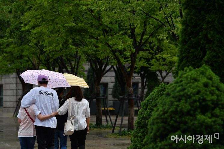 강한 바람을 동반한 비가 내리고 있는 6일 서울 중구 서울시청 인근에서 시민들이 우산을 쓰고 이동하고 있다./강진형 기자aymsdream@