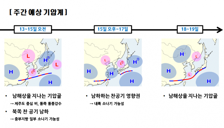 13~15일 제주·경상권 등 비…중부지방 13일 오후 소나기