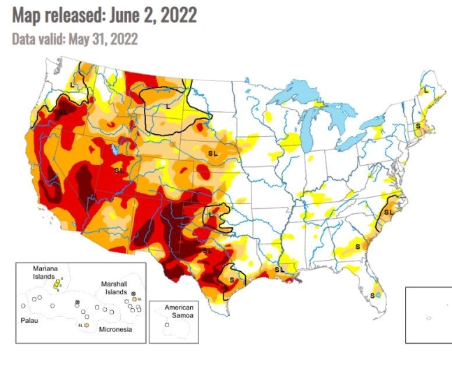 2일(현지시간) 기준 미국 가뭄 현황. 붉은색이 가뭄 극심 지역이다. /사진=미국가뭄모니터(USDM) 홈페이지 캡처, 연합뉴스
