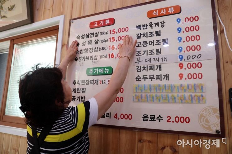 자영업자들이 물가 폭등으로 어려움을 겪고 있는 22일 서울 시내 한 식당에서 업주가 인상된 가격으로 메뉴판을 수정하고 있다. /문호남 기자 munonam@