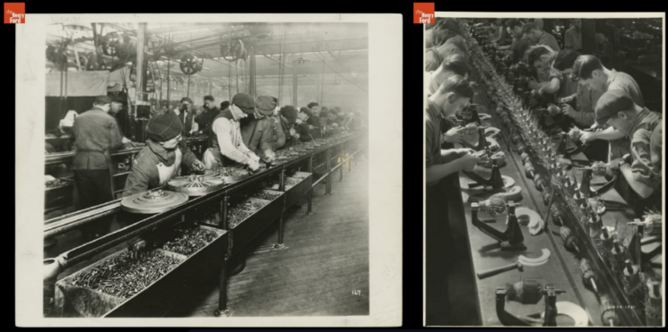 1913년 미국 미시건주 하이랜드파크의 포드 공장(왼쪽 사진)과 1934년 미 디트로이트주 리버루즈의 포드 공장 조립 라인에서 근로자들이 작업을 하고 있다.(사진출처 = 더헨리포드 홈페이지)