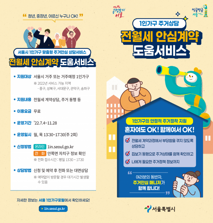 서울시 '1인가구 전월세 안심계약 도움서비스', 내달 4일부터 '중구·성북·서대문·관악·송파'서 시범서비스