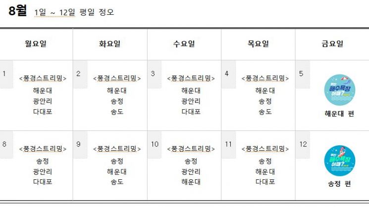 ‘부산 해수욕장 어때?’ 8월 생방송 편성표.