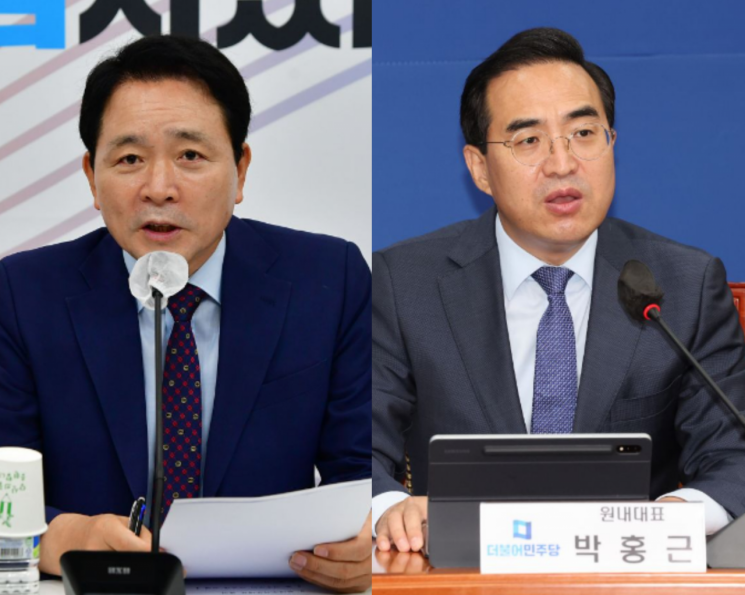 성일종 국민의힘 정책위의장(왼쪽)과 박홍근 더불어민주당 원내대표