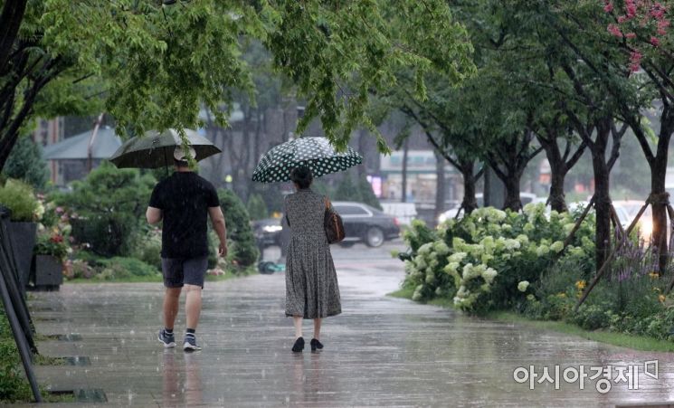 On the 13th, when the monsoon rain fell across the country, citizens near Seoul City Hall hurried along with umbrellas./Photo by Kim Hyun-min kimhyun81@