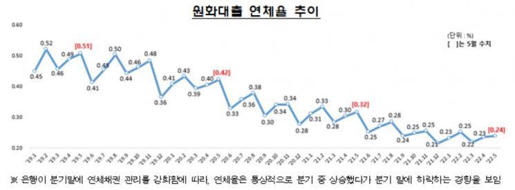 5월 은행 원화대출 연체율 0.24%…전월 대비 0.01%P↑