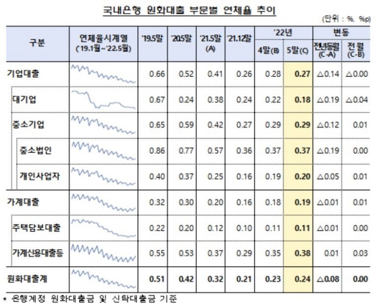 5월 은행 원화대출 연체율 0.24%…전월 대비 0.01%P↑
